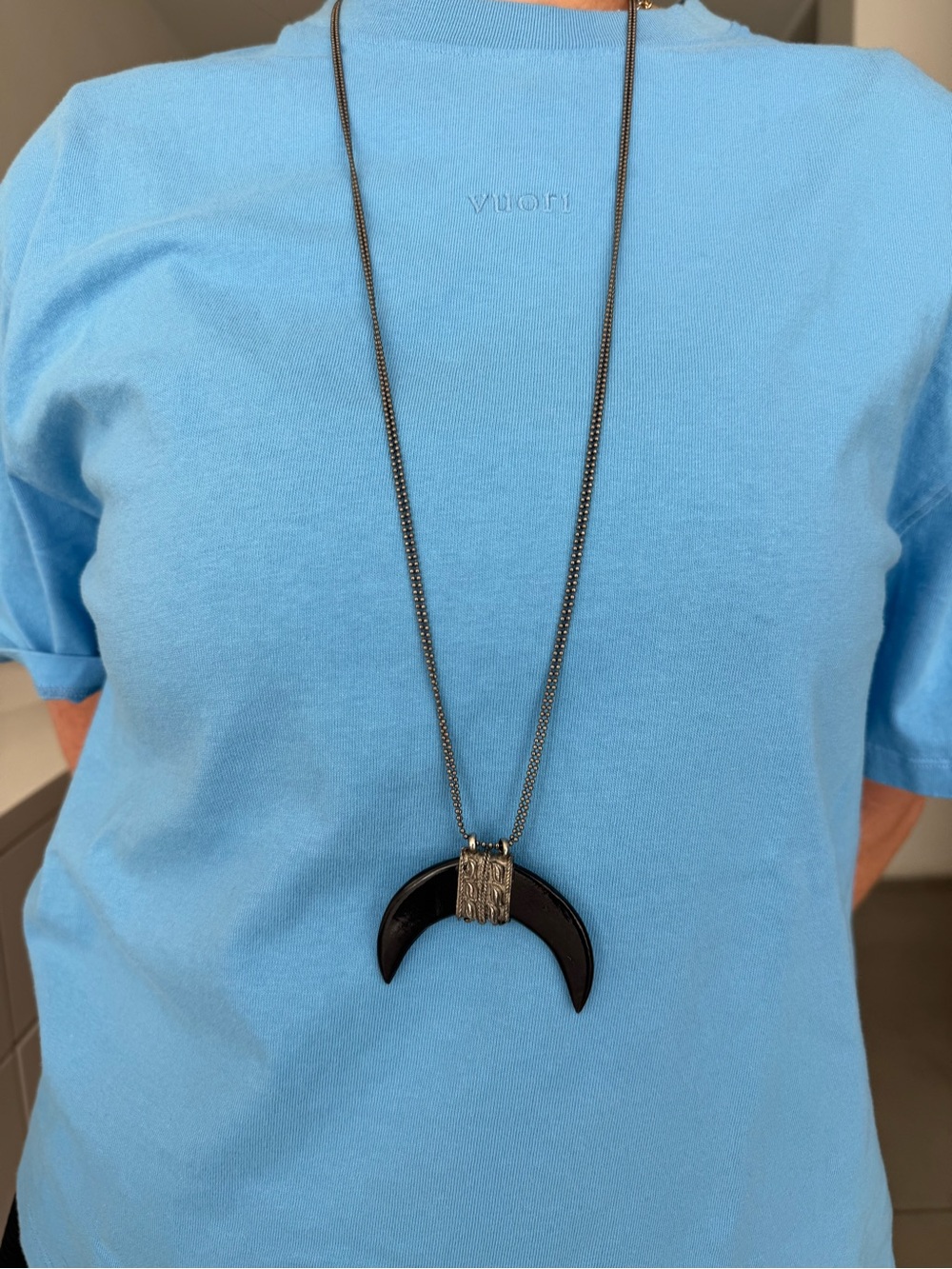 Black Crescent and silver Pendant Necklace - Long Chain